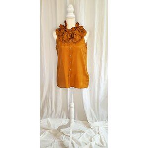 J. Crew Gold Silk Ruffle Neck Blouse Sleeveless Button Up Top Size 6 Preppy